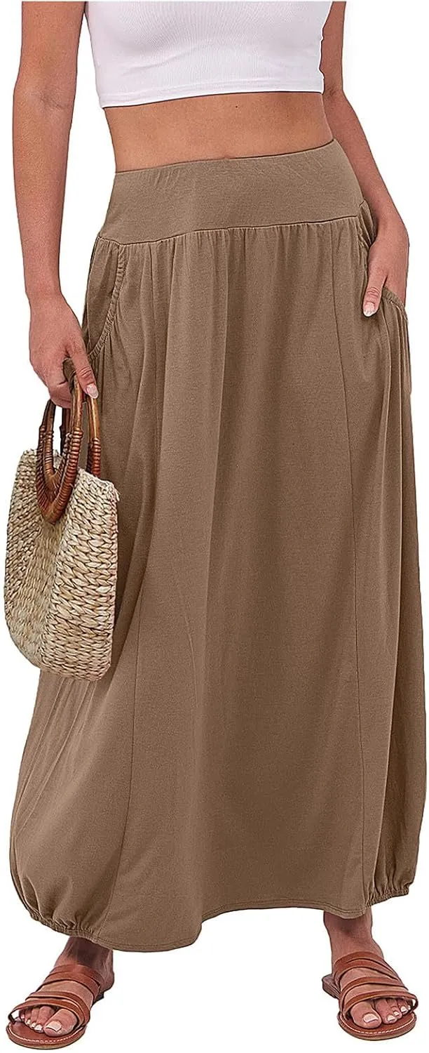 Womens Summer Long Maxi Skirt Solid A Line Pleated Elastic Waist Skirts 2025 Trendy Casual Beach Skorts with Pockets