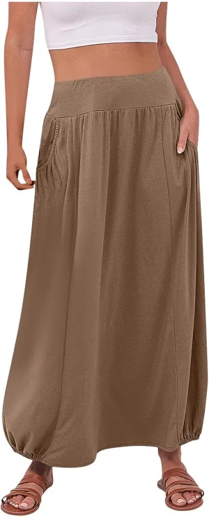 Womens Summer Long Maxi Skirt Solid A Line Pleated Elastic Waist Skirts 2025 Trendy Casual Beach Skorts with Pockets