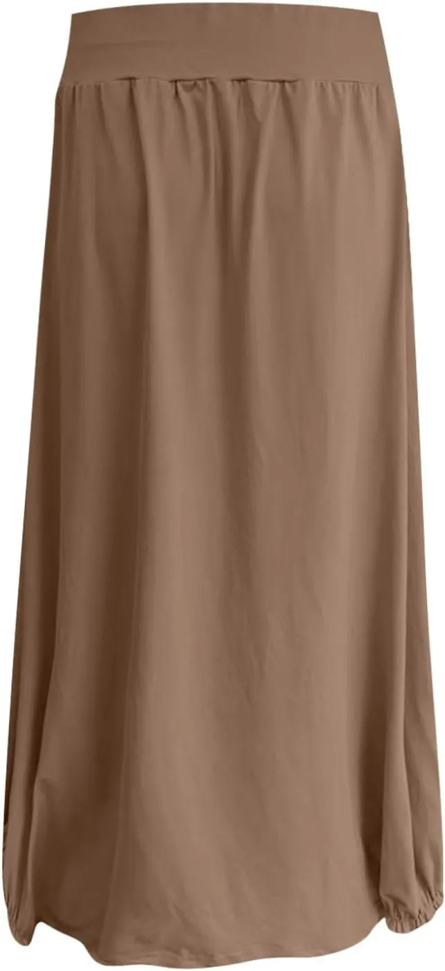 Womens Summer Long Maxi Skirt Solid A Line Pleated Elastic Waist Skirts 2025 Trendy Casual Beach Skorts with Pockets
