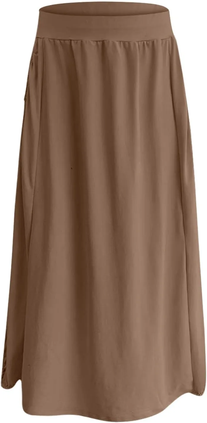 Womens Summer Long Maxi Skirt Solid A Line Pleated Elastic Waist Skirts 2025 Trendy Casual Beach Skorts with Pockets