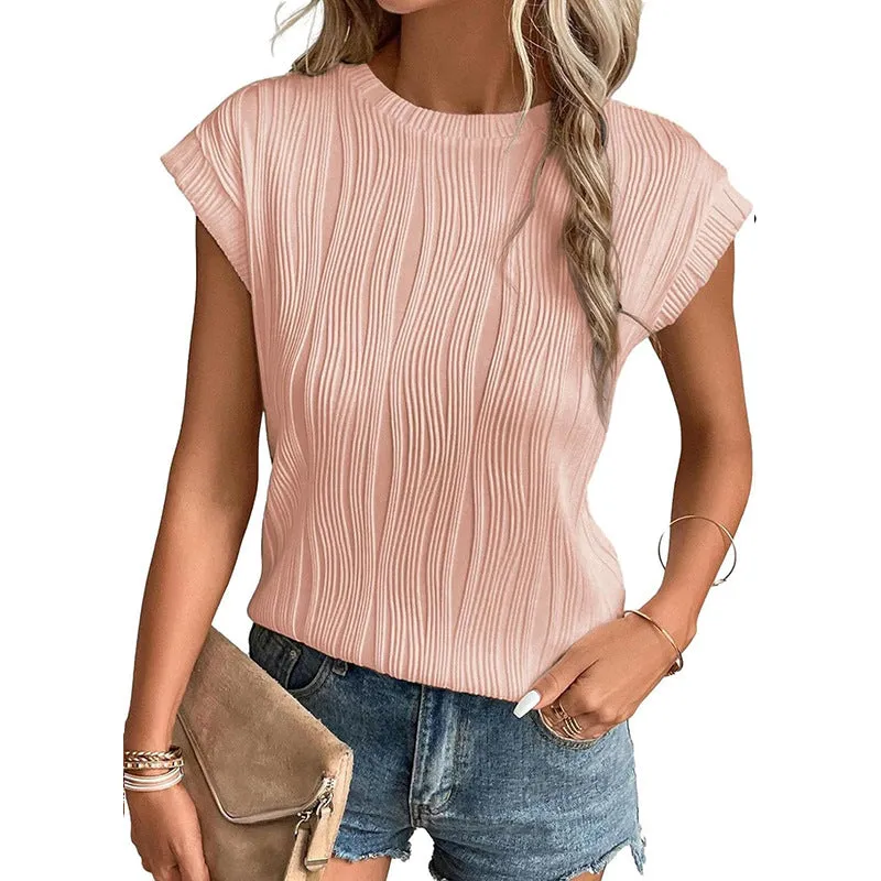 Women's Summer T-Shirt  Round Neck, Super Short Sleeve, Solid Color Fashion Top