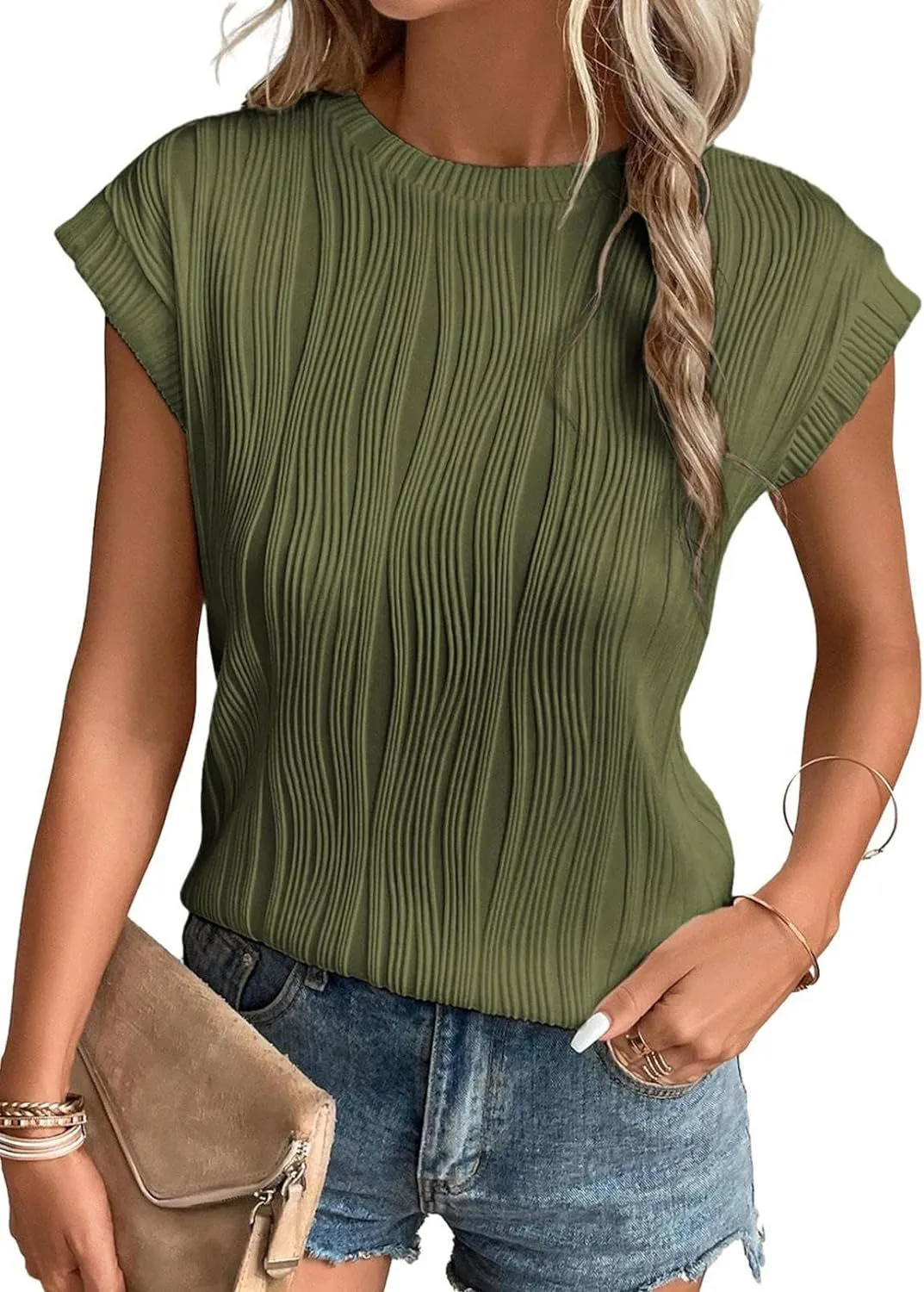 Women's Summer T-Shirt  Round Neck, Super Short Sleeve, Solid Color Fashion Top