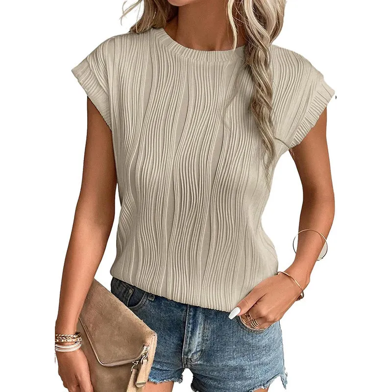 Women's Summer T-Shirt  Round Neck, Super Short Sleeve, Solid Color Fashion Top