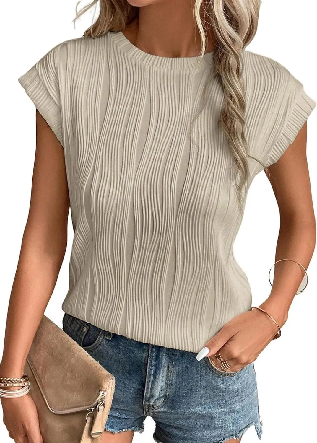 Women's Summer T-Shirt  Round Neck, Super Short Sleeve, Solid Color Fashion Top