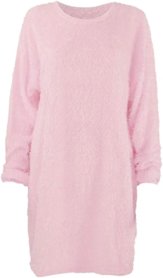 Women's Sweater Dresses Knee Length Cream Dress Trendy Plus Size Long Sleeve Crewneck Pullover