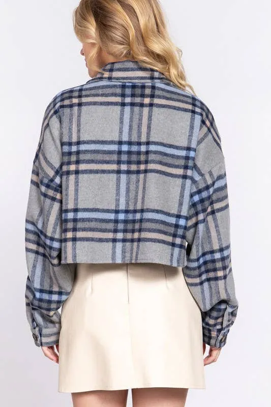 Wool Blend Brushed Plaid Crop Jacket