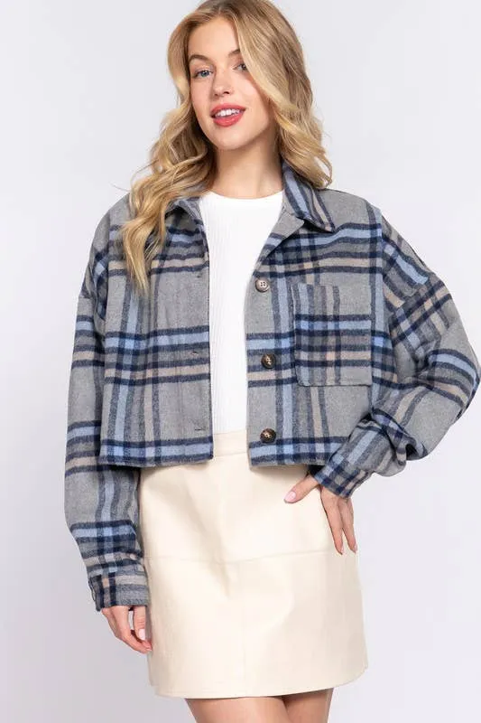 Wool Blend Brushed Plaid Crop Jacket
