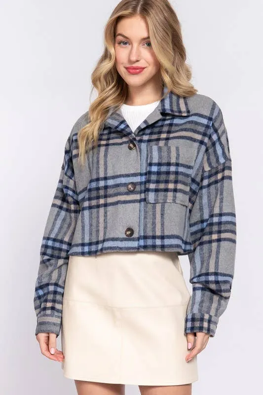 Wool Blend Brushed Plaid Crop Jacket