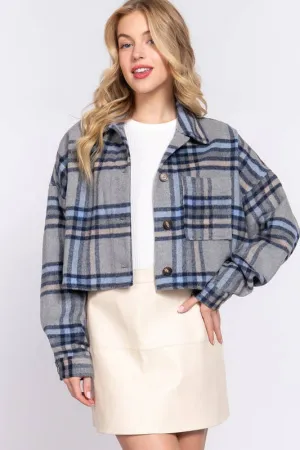 Wool Blend Brushed Plaid Crop Jacket