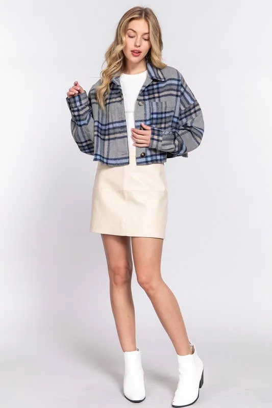 Wool Blend Brushed Plaid Crop Jacket