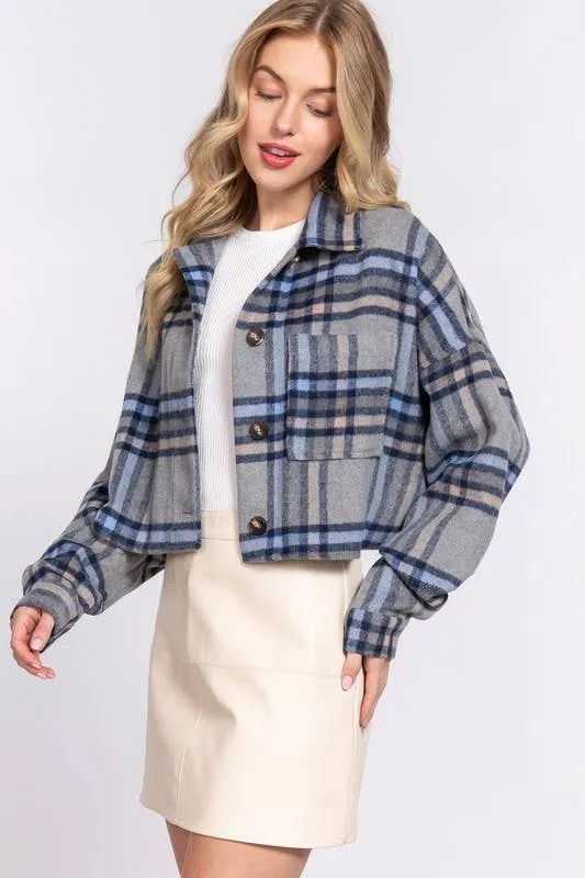 Wool Blend Brushed Plaid Crop Jacket
