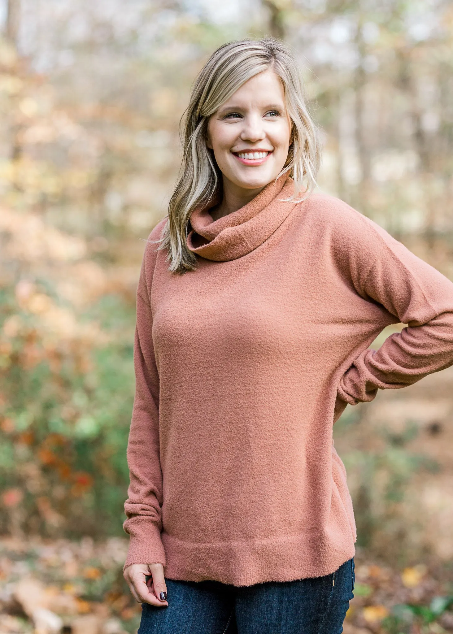 X Peachy Marsala Cowl Neck Sweater